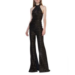 Monique Lhuillier Velvet Sequin Halter Jumpsuit - Jet Black / Gold Sequin Sz 6
